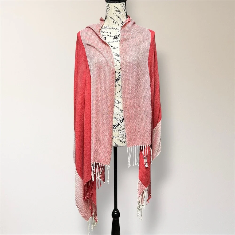 Pashmina‎ 100% Pashmina Jacquard Fringe Shawl Wrap Pink Coral Reversible Travel